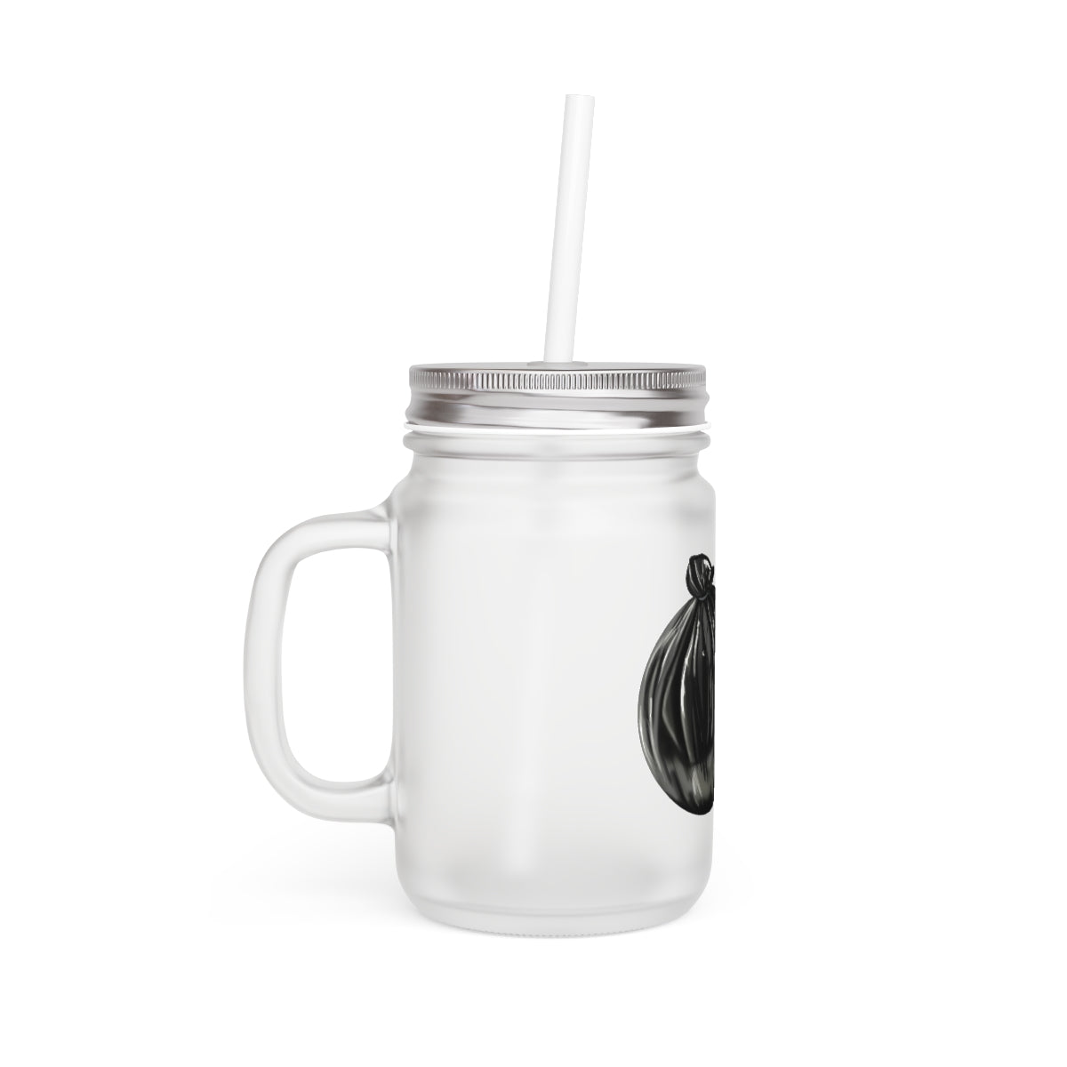 A stylish frosted glass mason jar with a straw and lid, perfect for drinks.