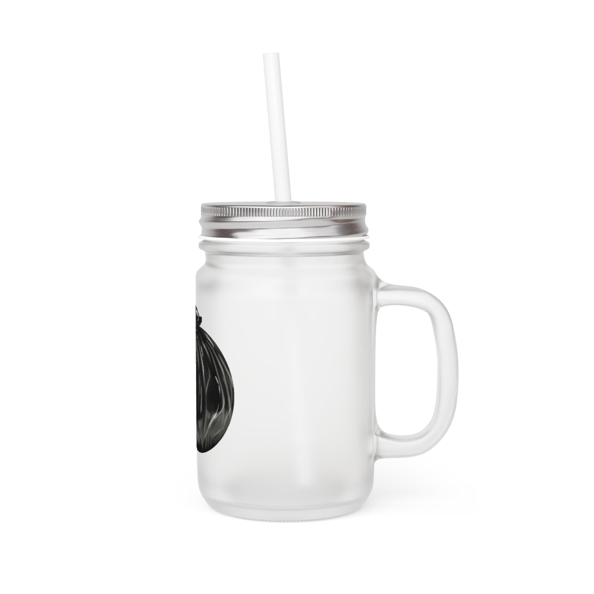 A stylish frosted glass mason jar with a straw and lid, perfect for drinks.