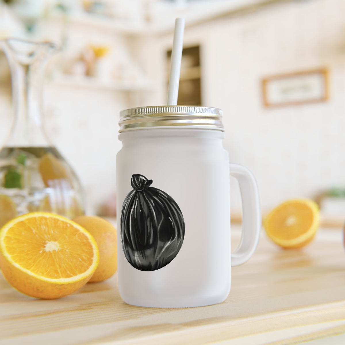 A stylish frosted glass mason jar with a straw and lid, perfect for drinks.