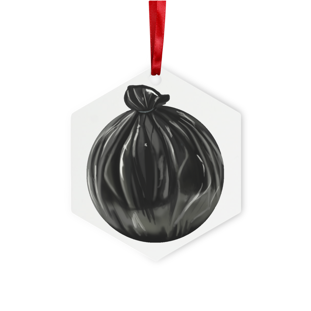 Trash Bag Metal Hanging Ornament in hexagon and star shapes, featuring a glossy white finish, red ribbon, and gold string, elegantly displayed in a white box.