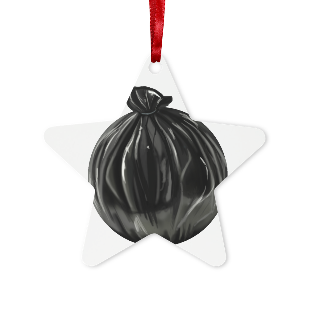 Trash Bag Metal Hanging Ornament in hexagon and star shapes, featuring a glossy white finish, red ribbon, and gold string, elegantly displayed in a white box.