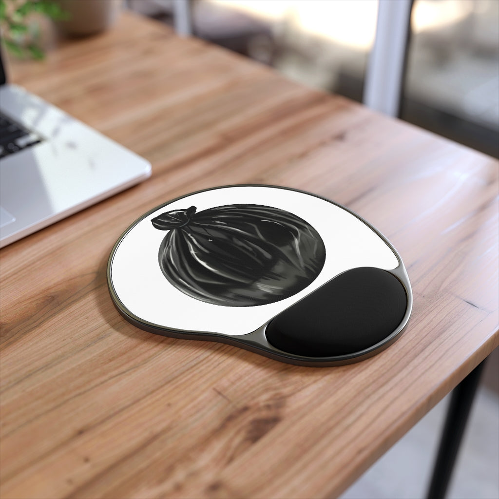 Trash Bag Mouse Pad with ergonomic Memory Foam wrist rest and customizable neoprene insert, featuring a foot-shaped design and durable black plastic base.