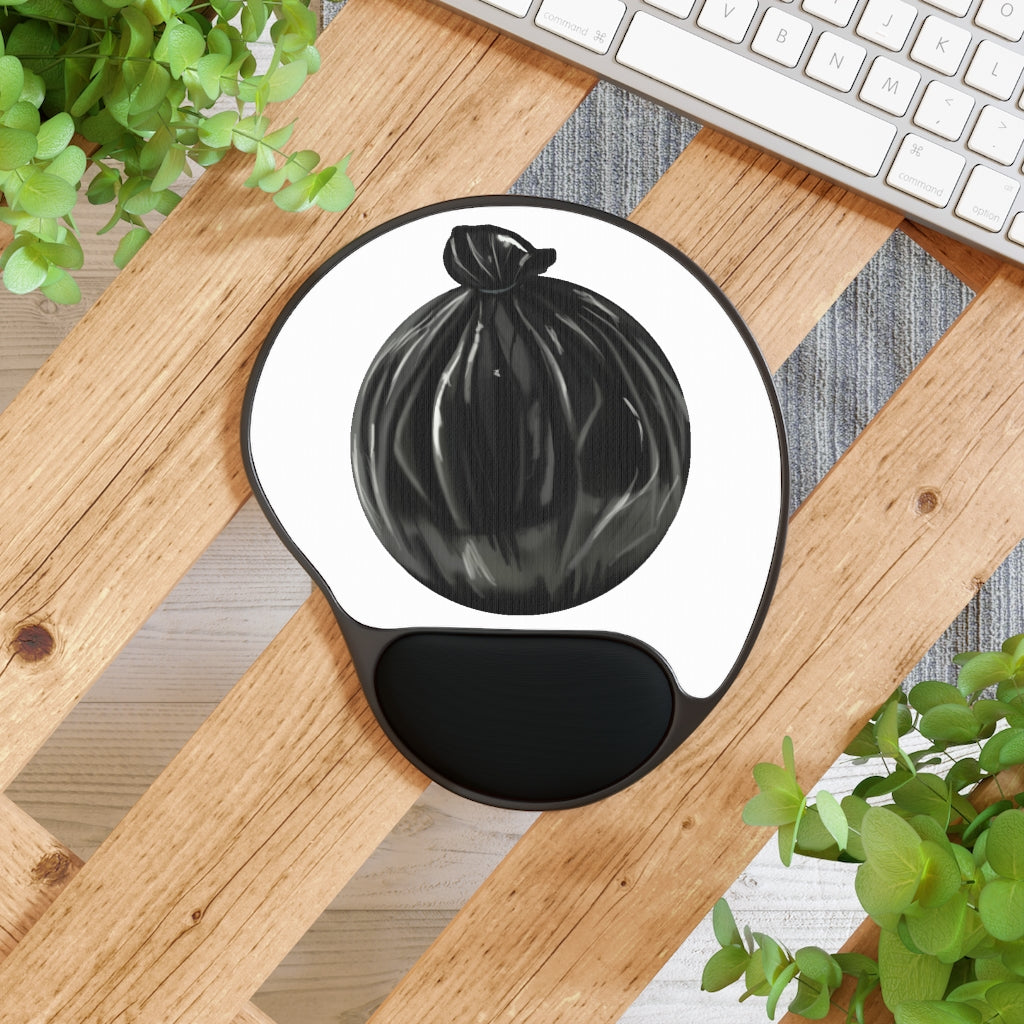 Trash Bag Mouse Pad with ergonomic Memory Foam wrist rest and customizable neoprene insert, featuring a foot-shaped design and durable black plastic base.