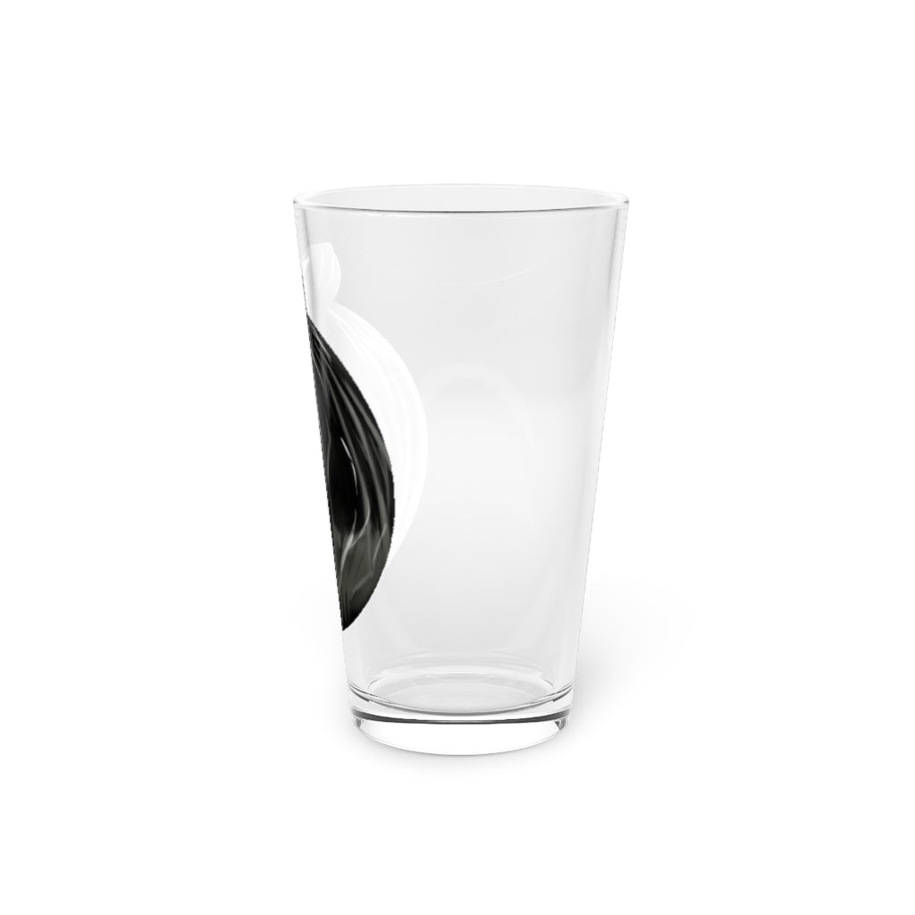 A clear 16oz Trash Bag Pint Glass showcasing a custom printed design, perfect for beverages.