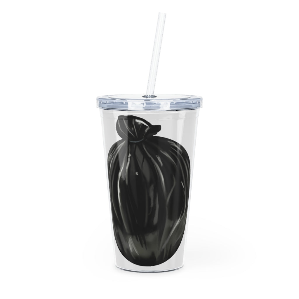 A colorful Trash Bag Plastic Tumbler with Straw, showcasing a customizable design, lid, and straw, perfect for parties and events.