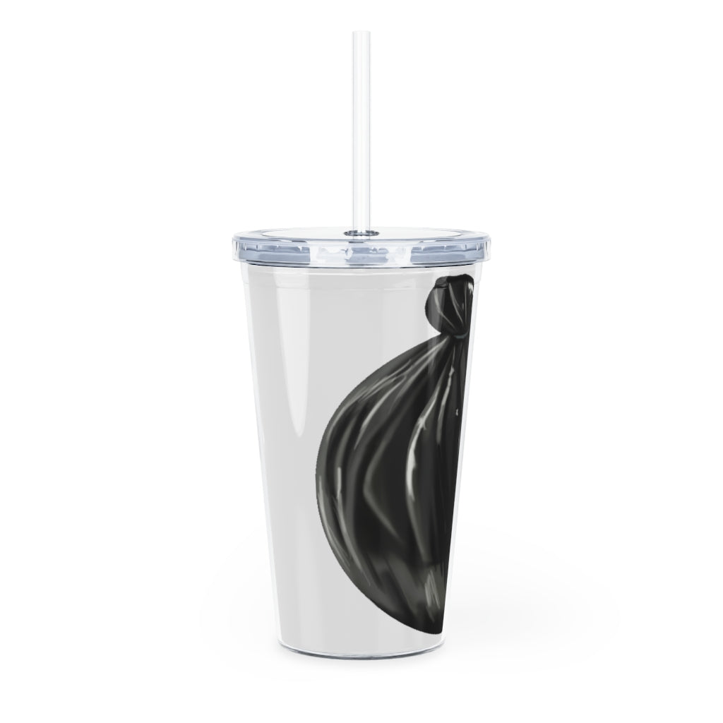 A colorful Trash Bag Plastic Tumbler with Straw, showcasing a customizable design, lid, and straw, perfect for parties and events.