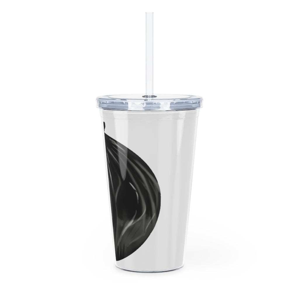 A colorful Trash Bag Plastic Tumbler with Straw, showcasing a customizable design, lid, and straw, perfect for parties and events.