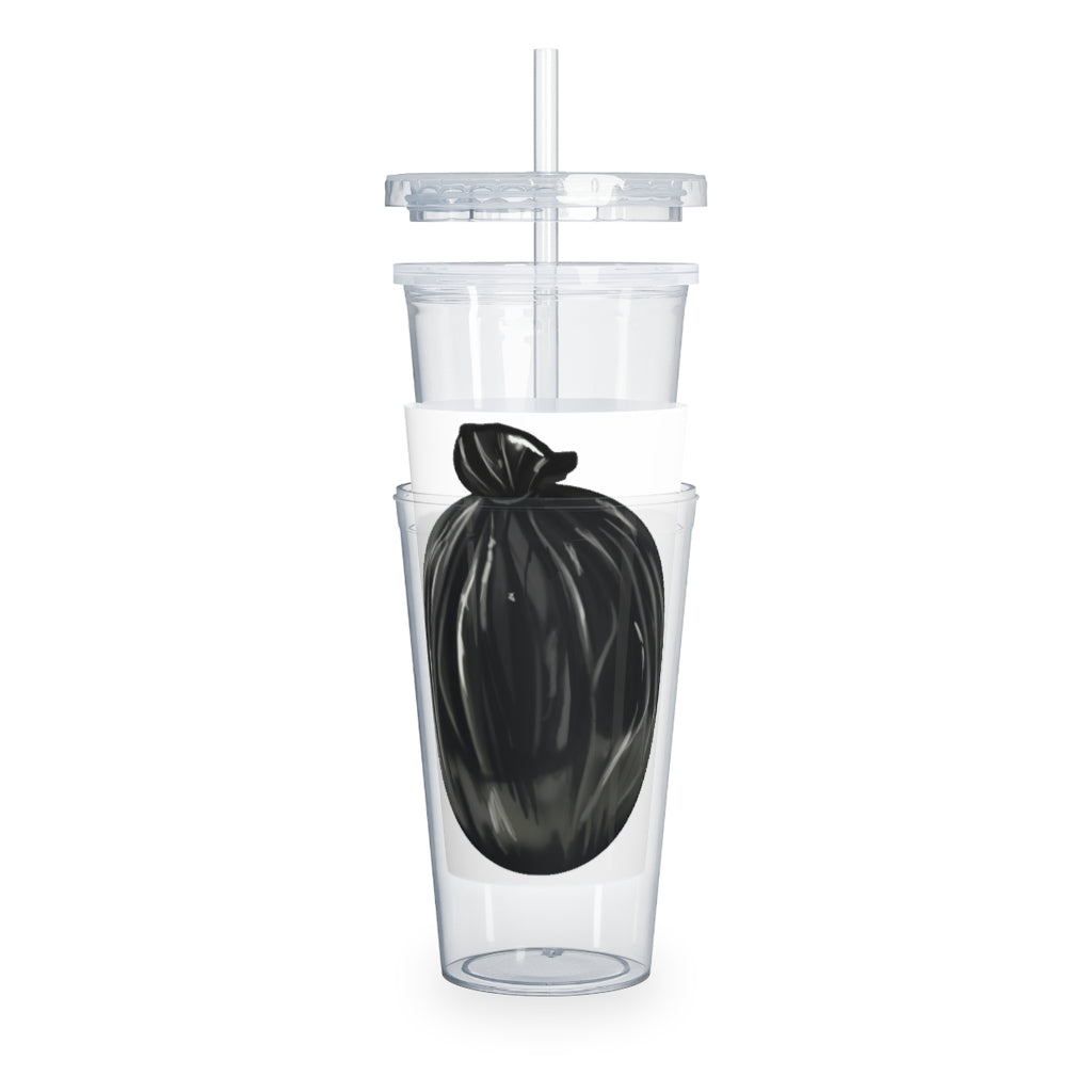 A colorful Trash Bag Plastic Tumbler with Straw, showcasing a customizable design, lid, and straw, perfect for parties and events.