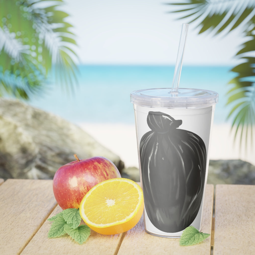 A colorful Trash Bag Plastic Tumbler with Straw, showcasing a customizable design, lid, and straw, perfect for parties and events.