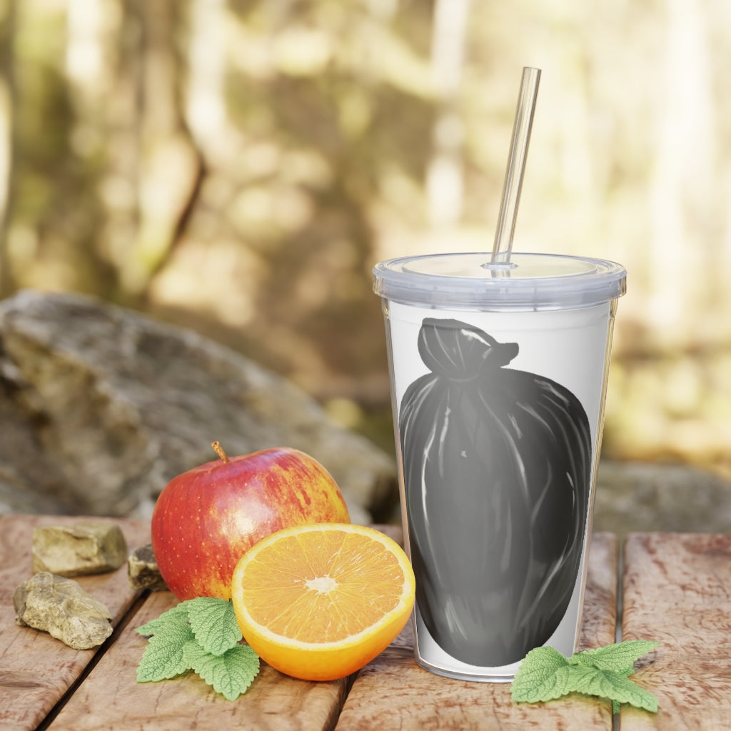 A colorful Trash Bag Plastic Tumbler with Straw, showcasing a customizable design, lid, and straw, perfect for parties and events.