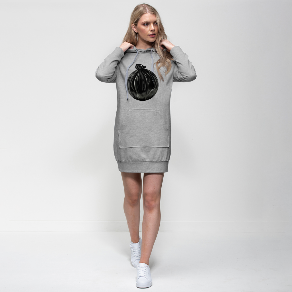 Trash Bag Premium Adult Hoodie Dress featuring a relaxed fit, hood with drawstring, and kangaroo pouch pocket, made from soft cotton blend fabric.