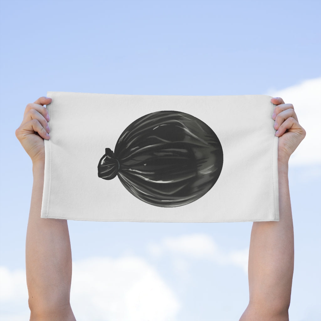 Trash Bag Rally Towel measuring 11x18 inches, featuring a soft cotton and printed polyester design.