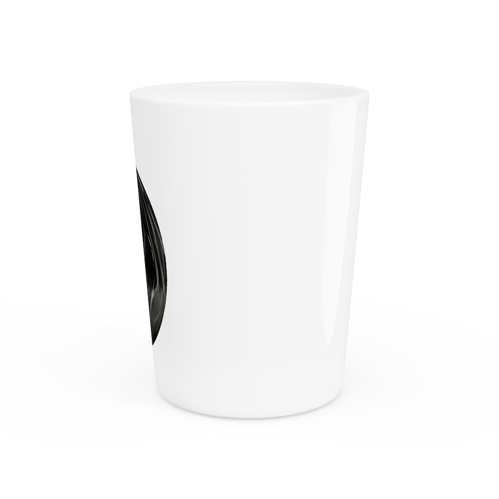 Personalized Trash Bag Shot Glass with white ceramic and customizable design, available in white or black interior.