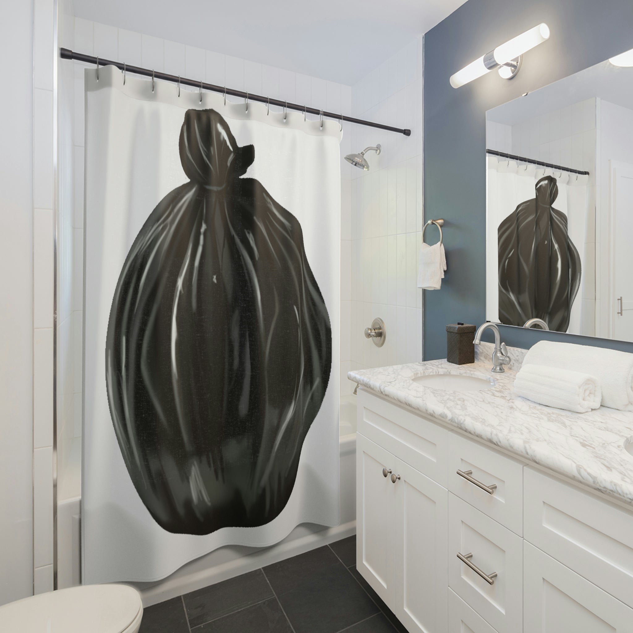 A colorful Trash Bag Shower Curtain made of durable polyester, showcasing a unique design, perfect for bathroom decor.