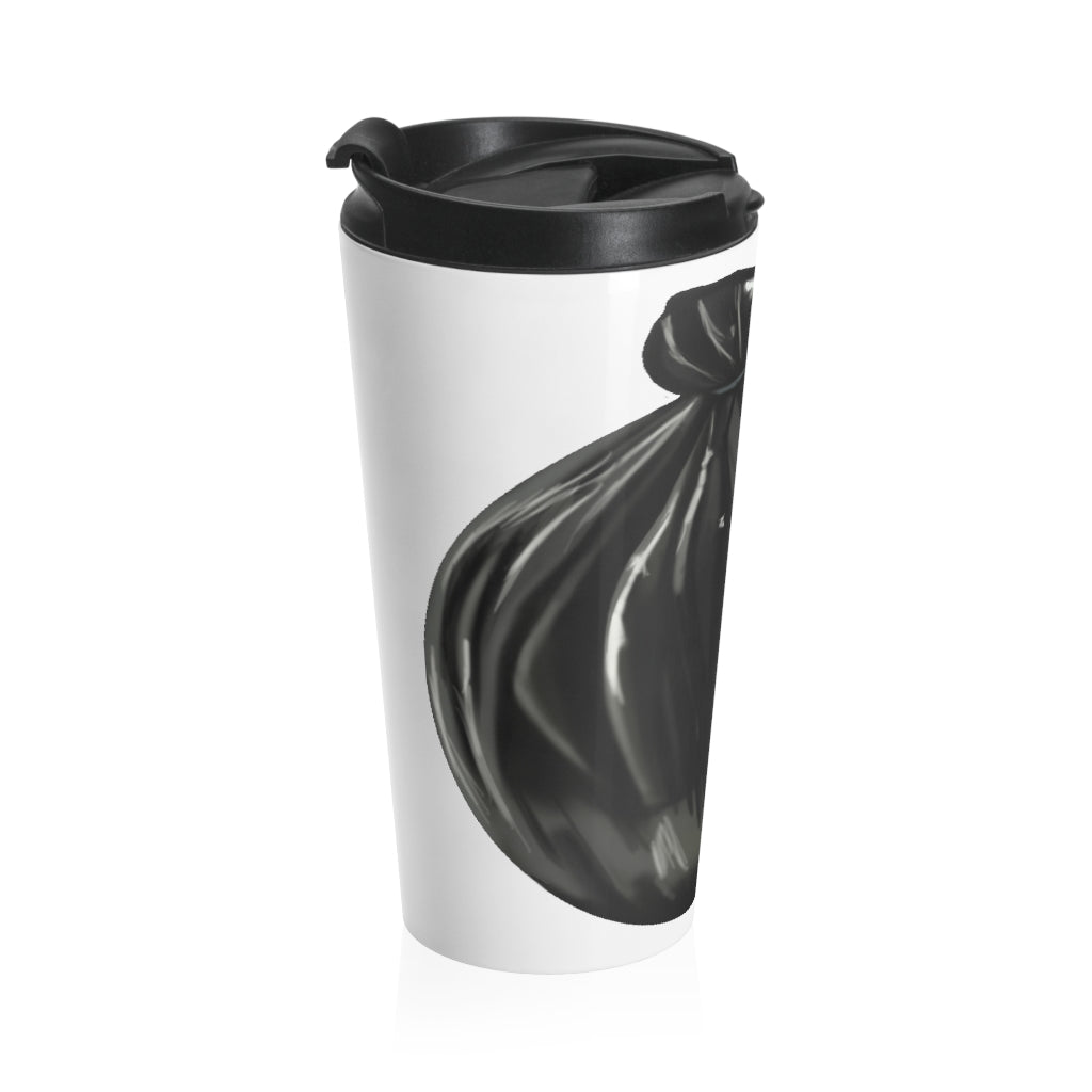 Trash Bag Stainless Steel Travel Mug with black plastic lid, showcasing its sleek design and durable stainless steel material.