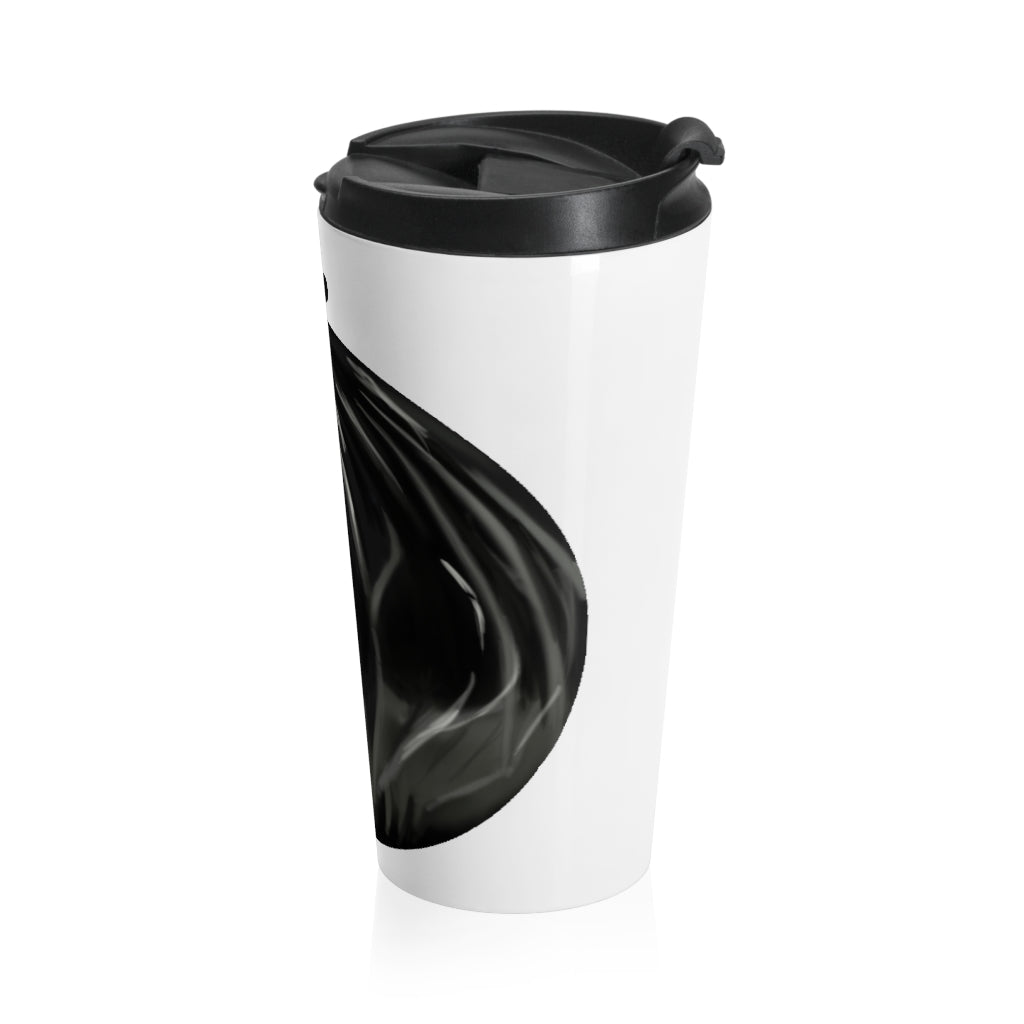 Trash Bag Stainless Steel Travel Mug with black plastic lid, showcasing its sleek design and durable stainless steel material.