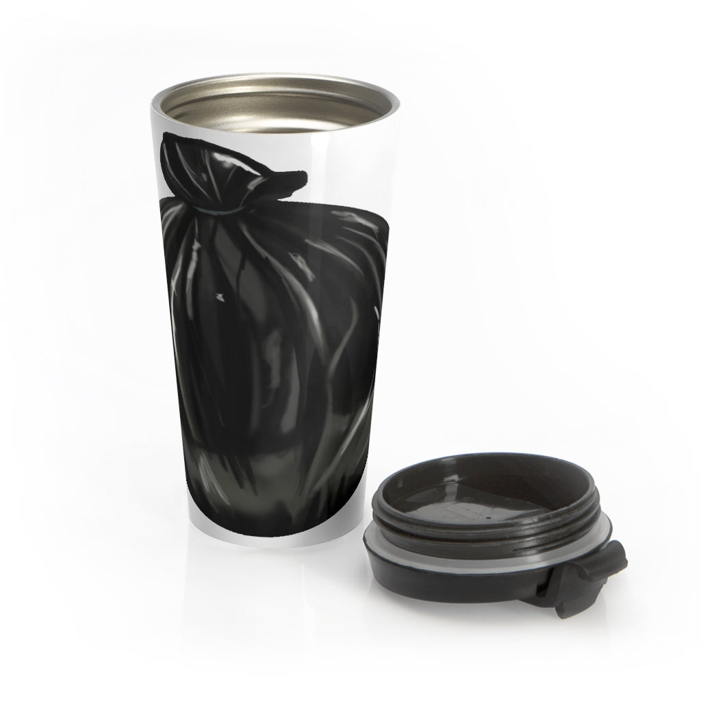 Trash Bag Stainless Steel Travel Mug with black plastic lid, showcasing its sleek design and durable stainless steel material.