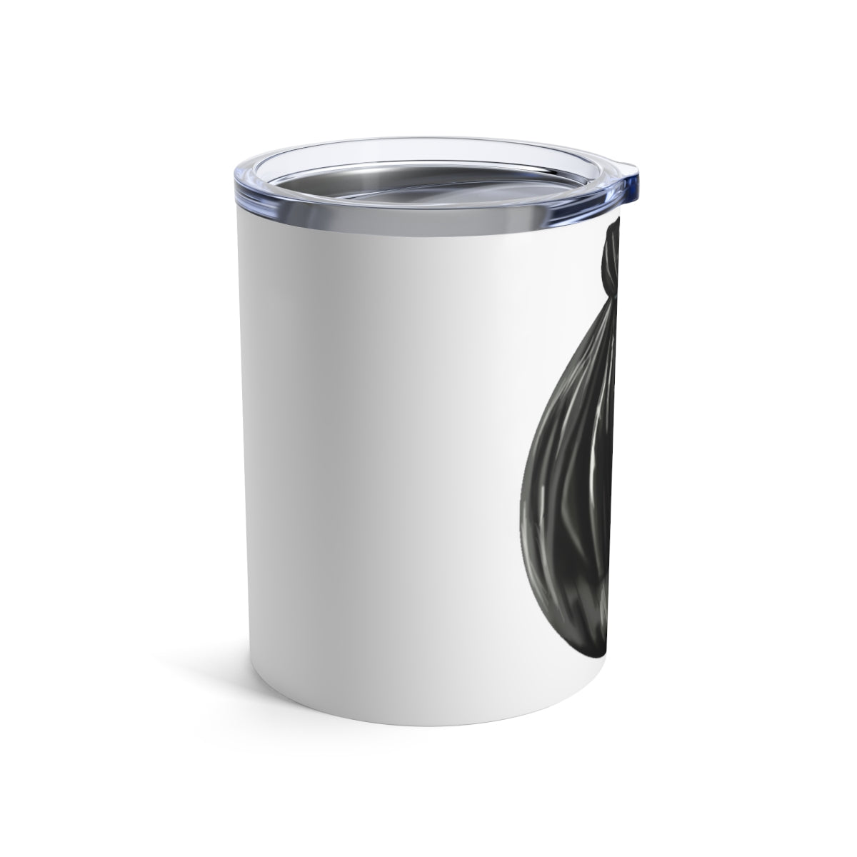 Trash Bag Tumbler 10oz in stainless steel with a see-thru plastic lid, showcasing its sleek design and rounded corners.