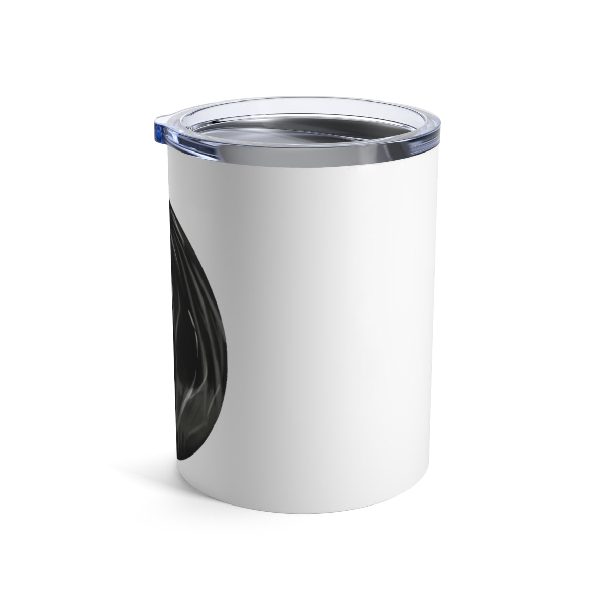 Trash Bag Tumbler 10oz in stainless steel with a see-thru plastic lid, showcasing its sleek design and rounded corners.