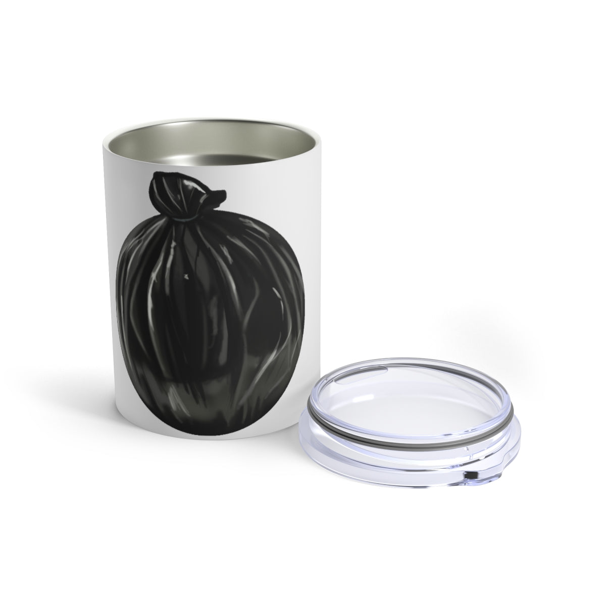 Trash Bag Tumbler 10oz in stainless steel with a see-thru plastic lid, showcasing its sleek design and rounded corners.