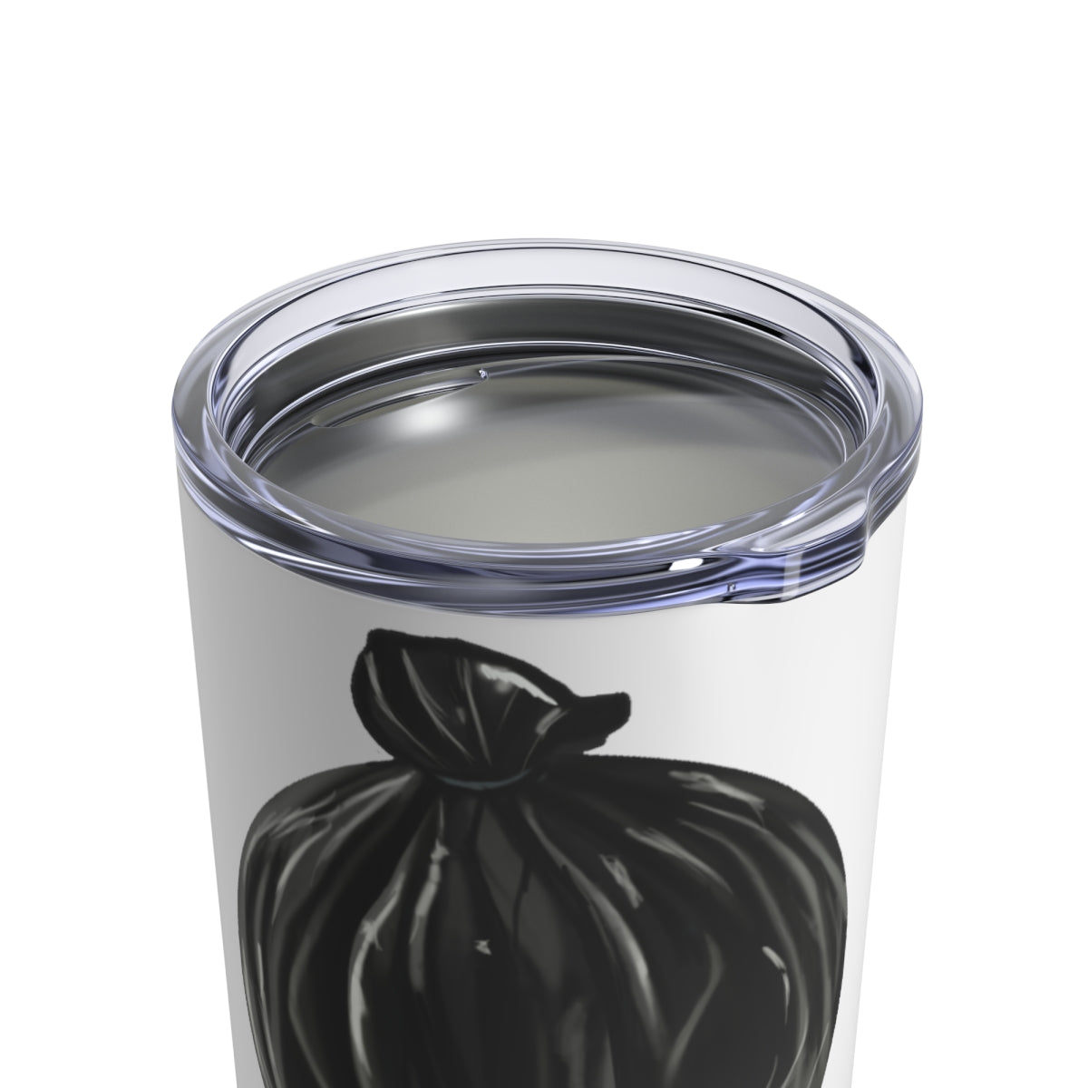 Trash Bag Tumbler 10oz in stainless steel with a see-thru plastic lid, showcasing its sleek design and rounded corners.