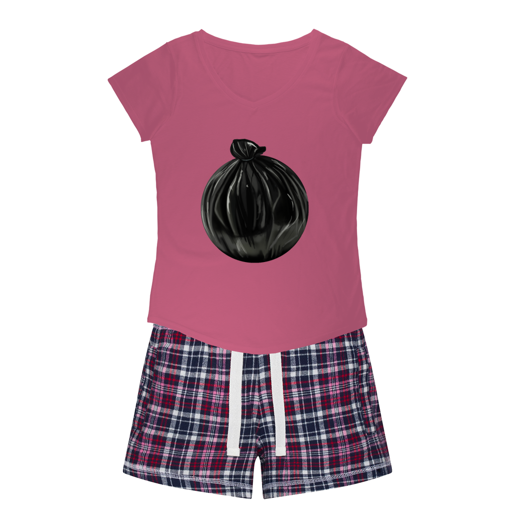 Women's Sleepy Tee and Flannel Short set featuring a relaxed fit T-shirt and vibrant flannel shorts, perfect for cozy nights.