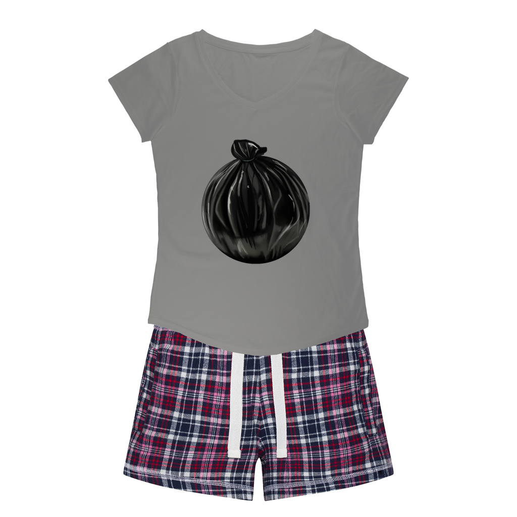 Women's Sleepy Tee and Flannel Short set featuring a relaxed fit T-shirt and vibrant flannel shorts, perfect for cozy nights.