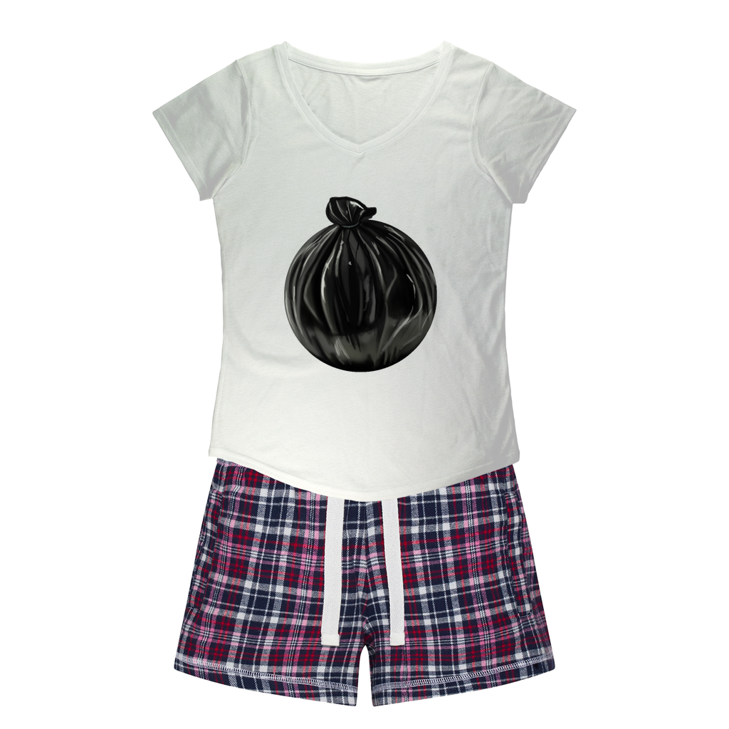 Women's Sleepy Tee and Flannel Short set featuring a relaxed fit T-shirt and vibrant flannel shorts, perfect for cozy nights.