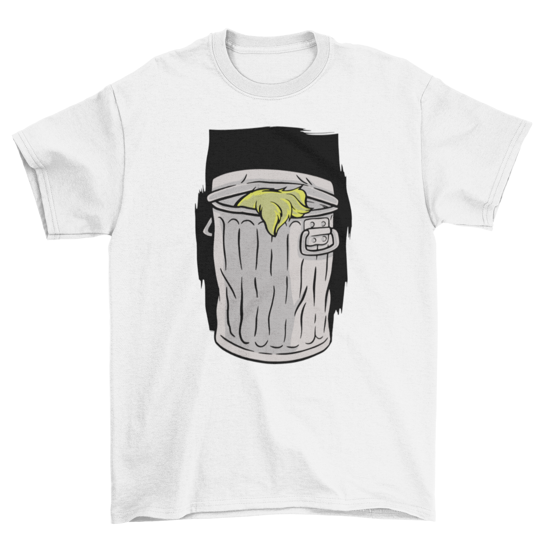 A stylish t-shirt featuring a vibrant illustration of a silver trash bin, perfect for casual wear.