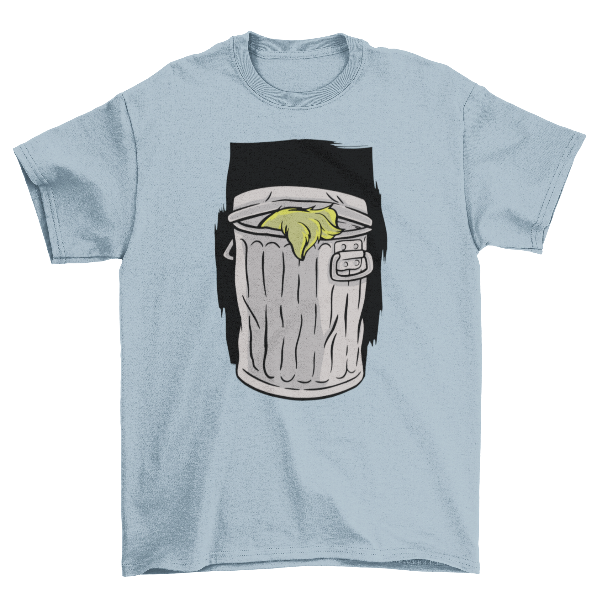 A stylish t-shirt featuring a vibrant illustration of a silver trash bin, perfect for casual wear.