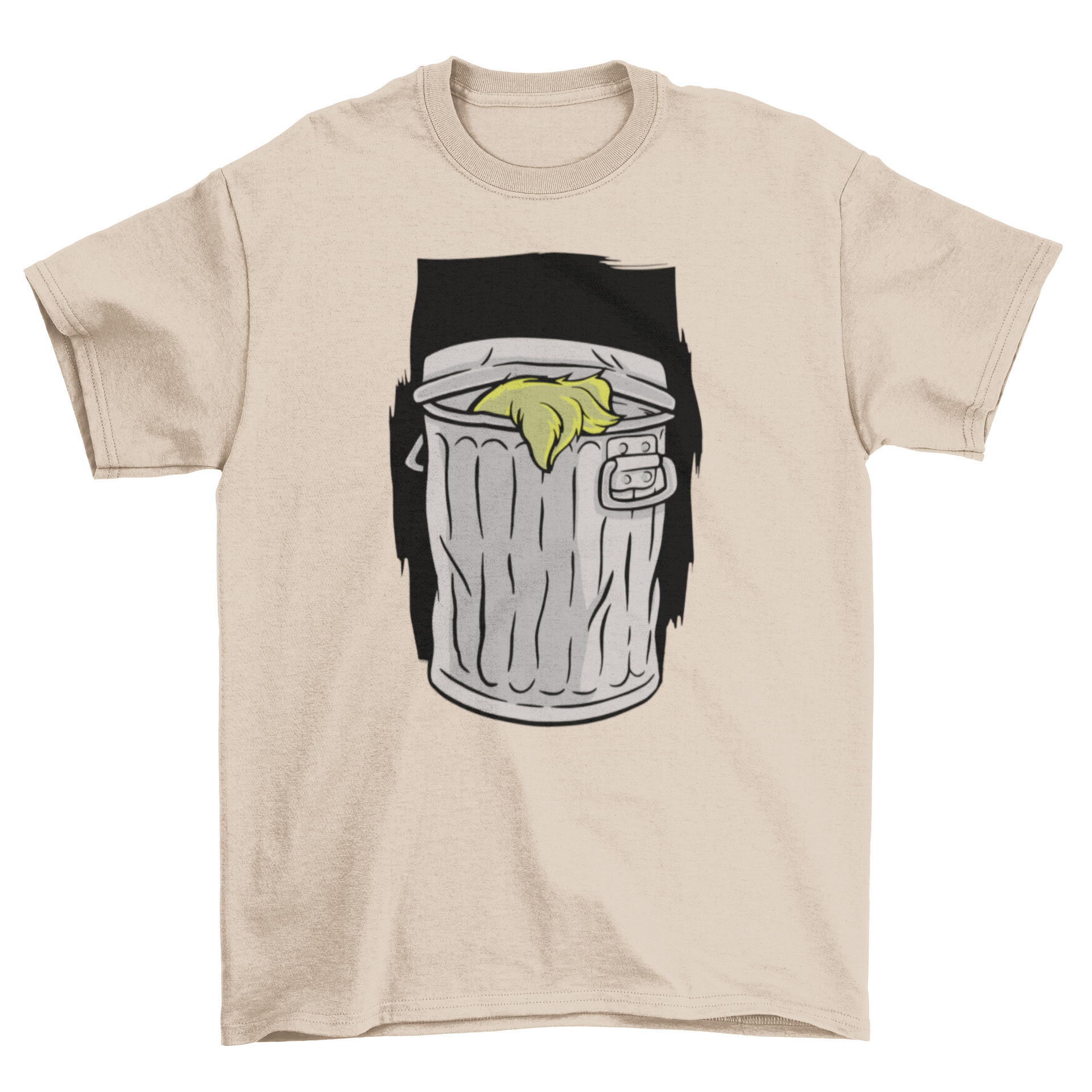 A stylish t-shirt featuring a vibrant illustration of a silver trash bin, perfect for casual wear.