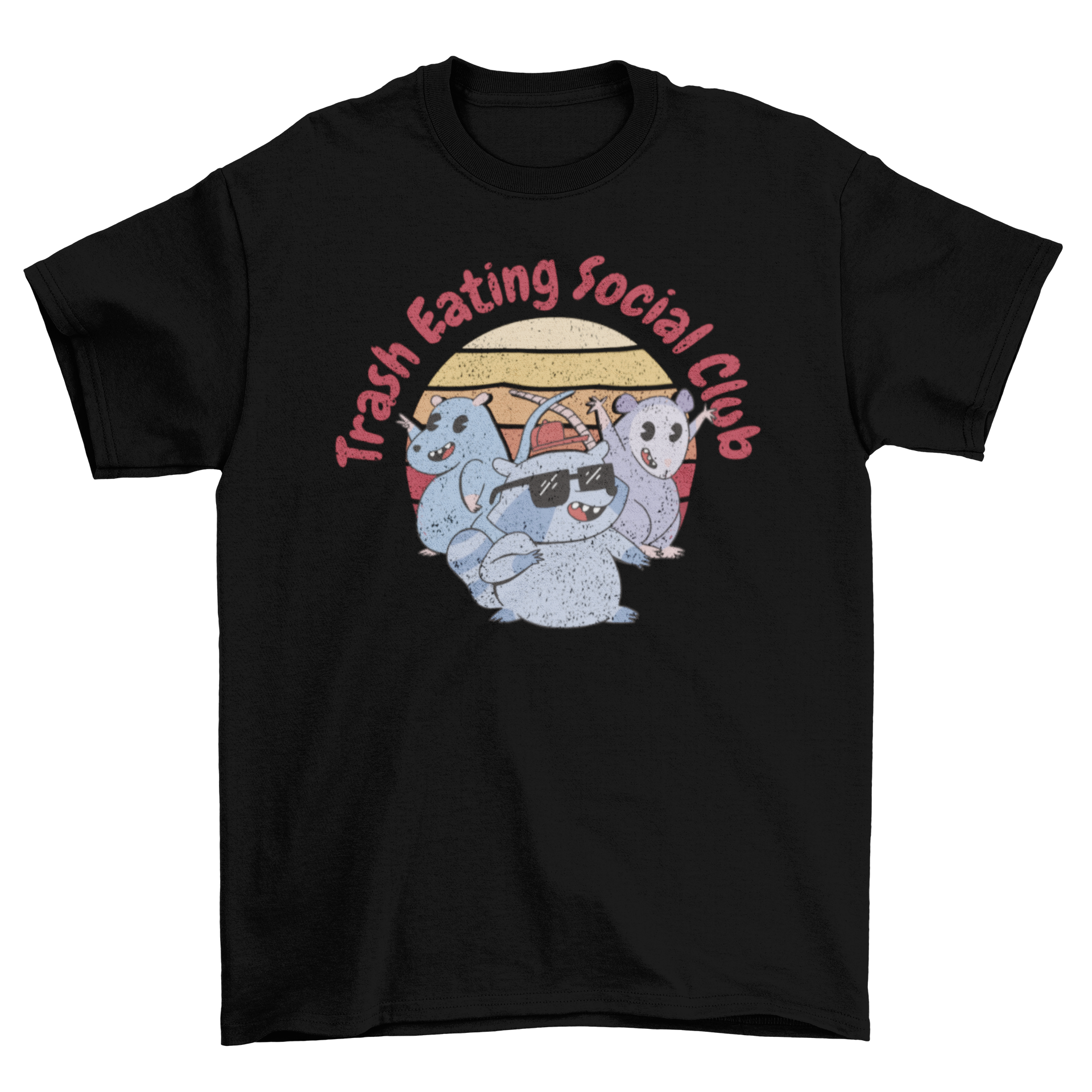 Cartoon t-shirt featuring a raccoon, rat, and mouse with the quote 'Trash Eating Social Club'.