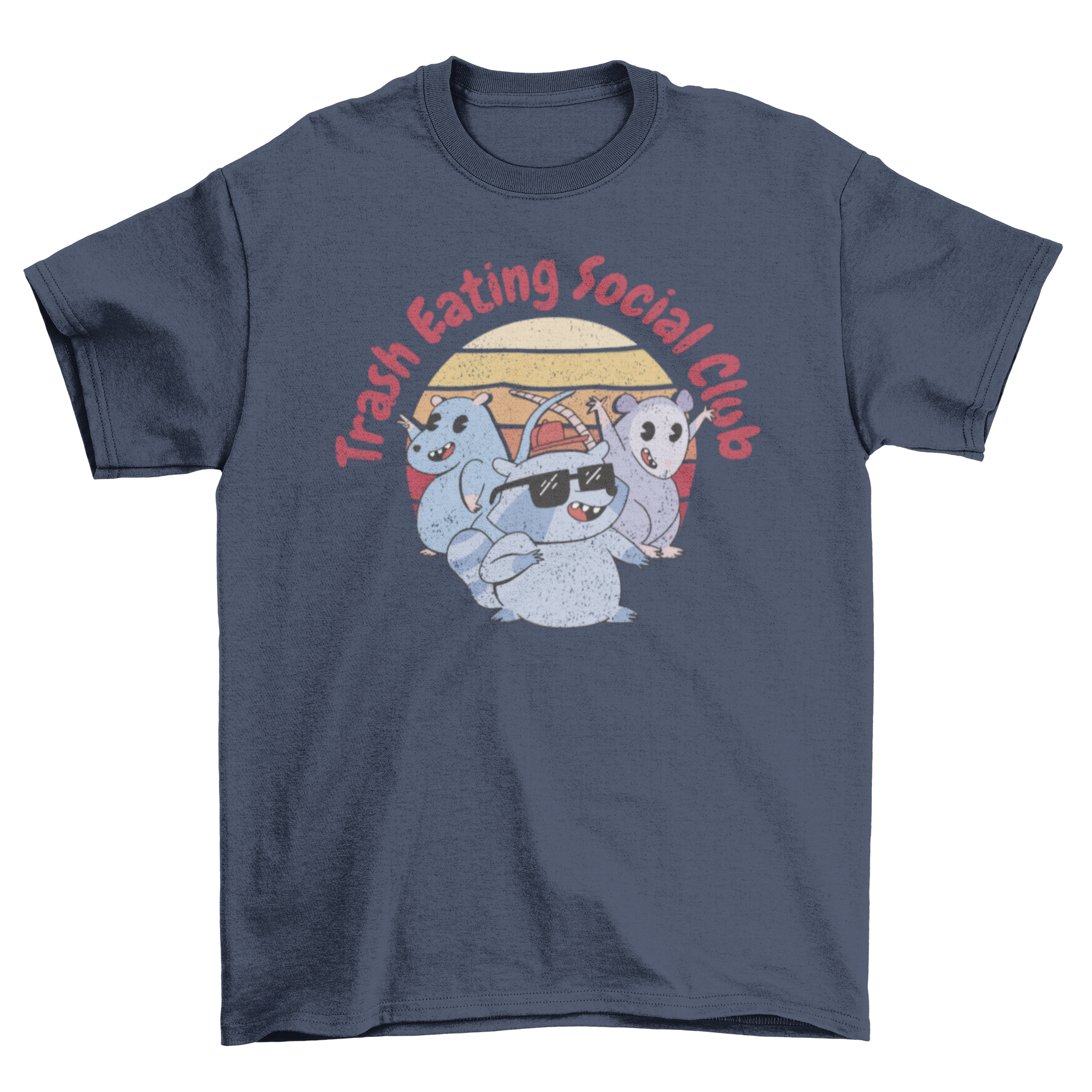 Cartoon t-shirt featuring a raccoon, rat, and mouse with the quote 'Trash Eating Social Club'.