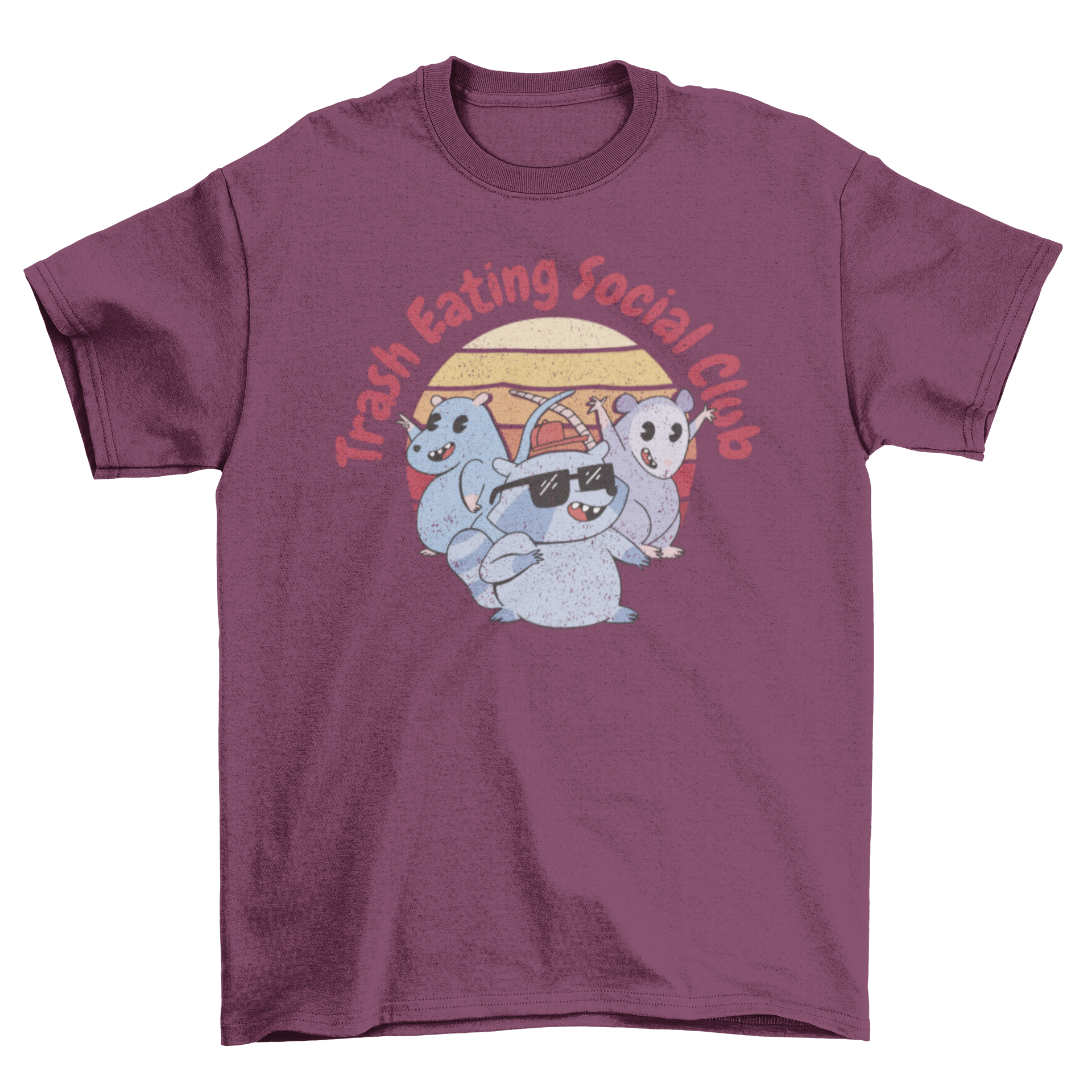 Cartoon t-shirt featuring a raccoon, rat, and mouse with the quote 'Trash Eating Social Club'.