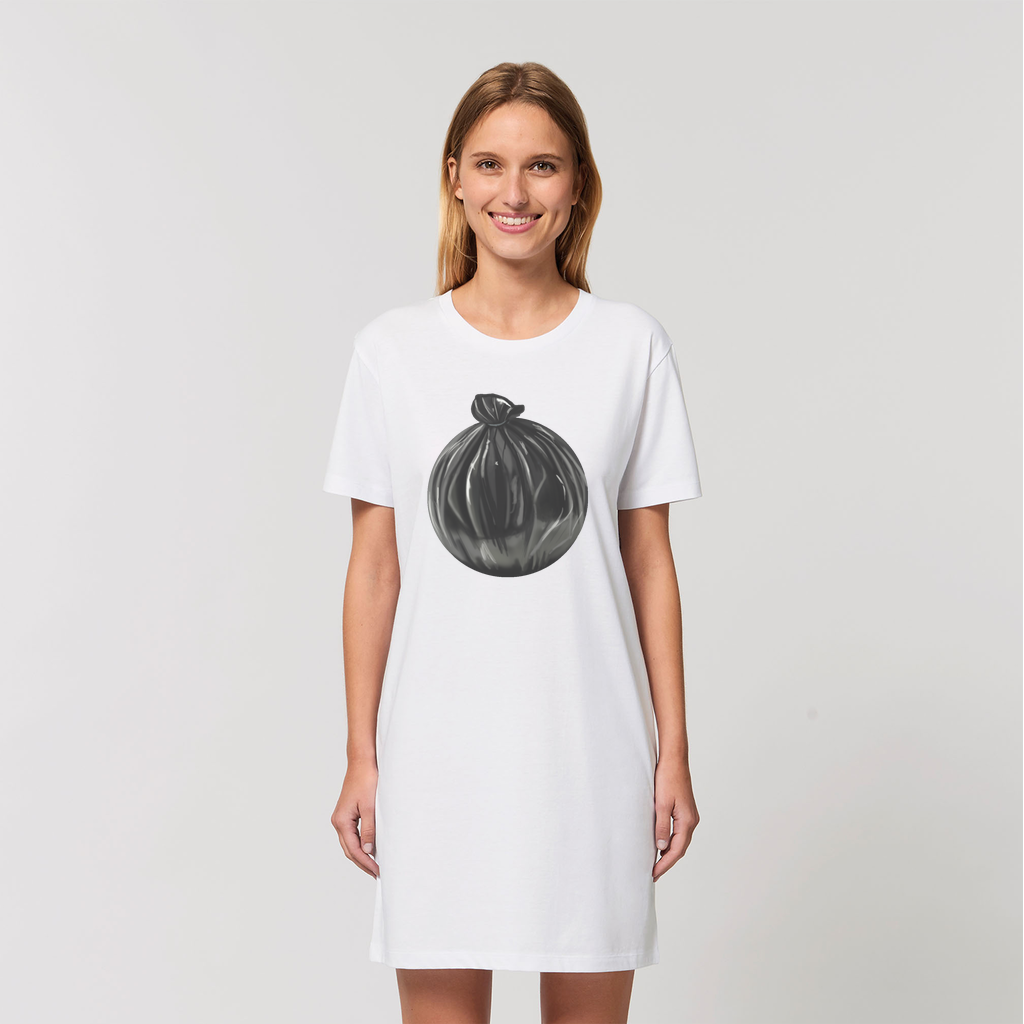 TrashBag Organic T-Shirt Dress made from 100% organic cotton, featuring a soft-hand feel and stylish design, available in various sizes.