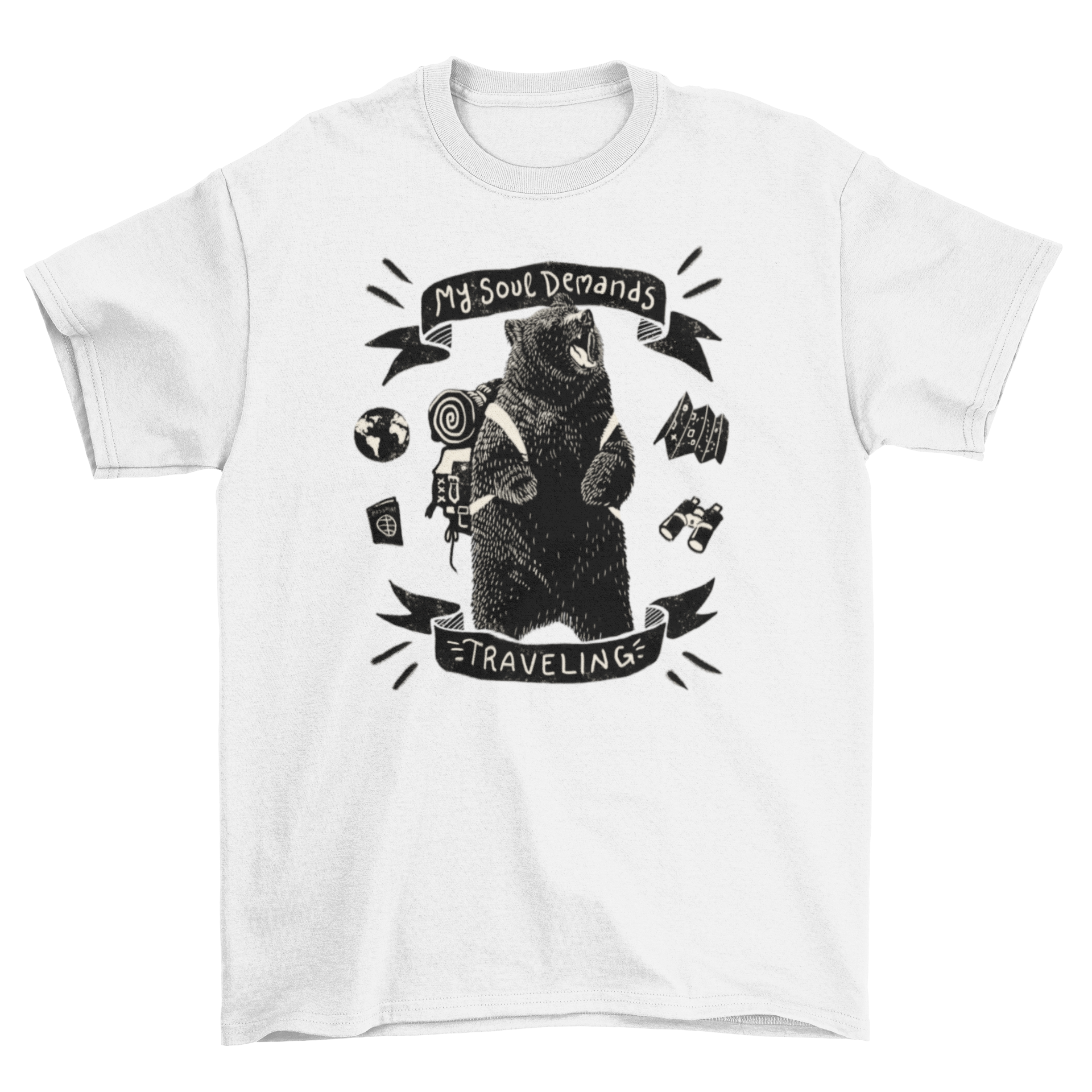 Travel Bear T-Shirt featuring a big bear design with travel elements and an inspirational quote.