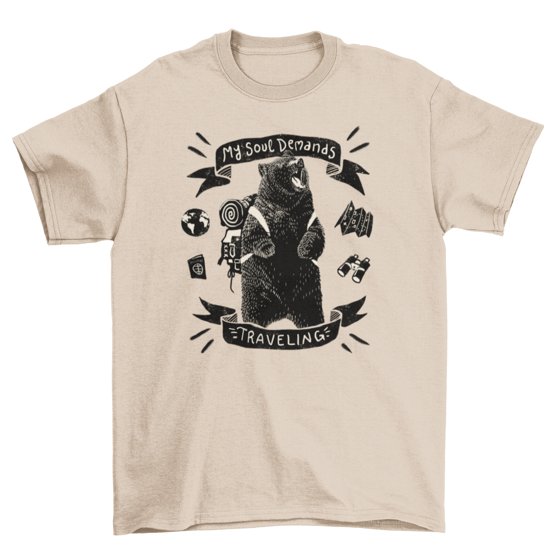 Travel Bear T-Shirt featuring a big bear design with travel elements and an inspirational quote.