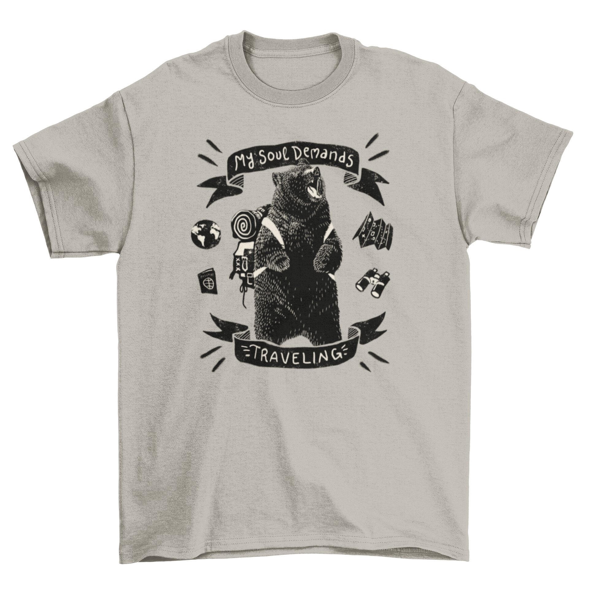 Travel Bear T-Shirt featuring a big bear design with travel elements and an inspirational quote.