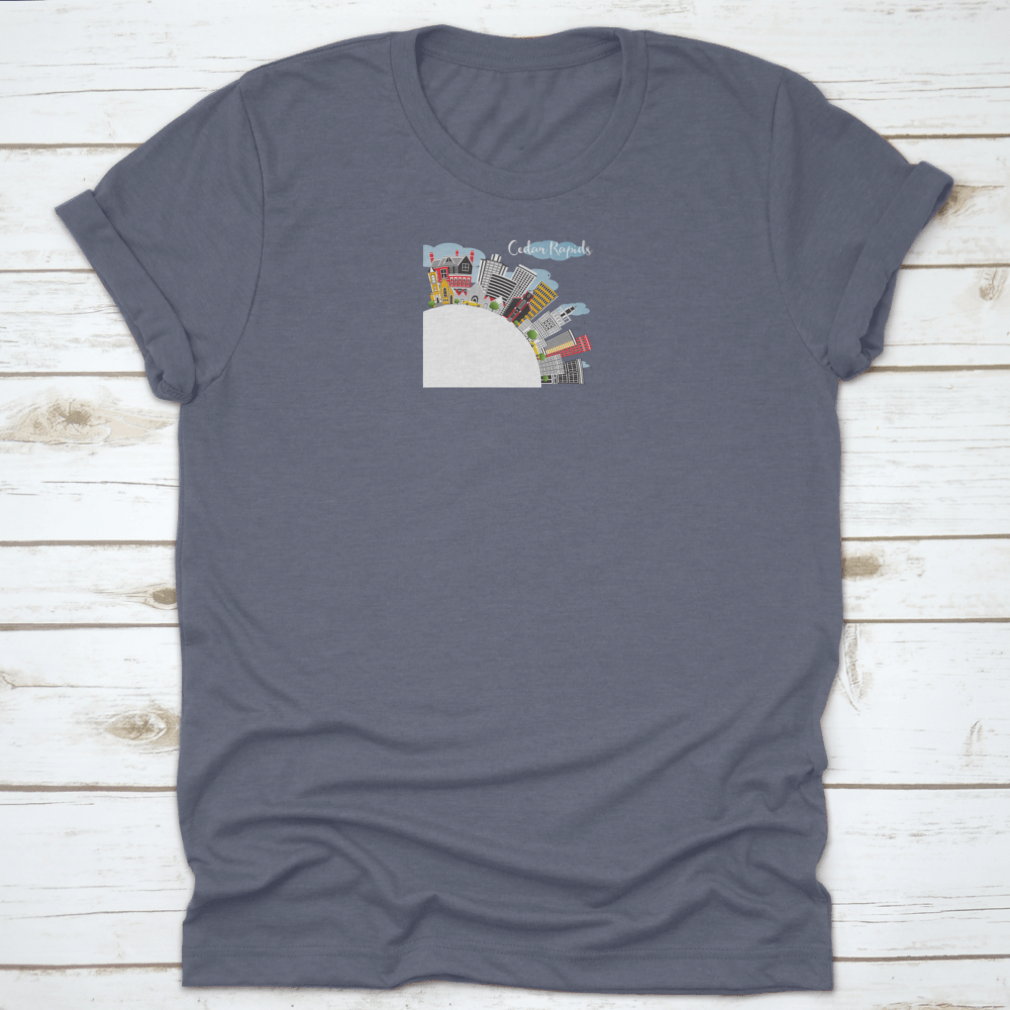 Travel Destination Shirt featuring Cedar Rapids Iowa City skyline design, made from soft cotton fabric.