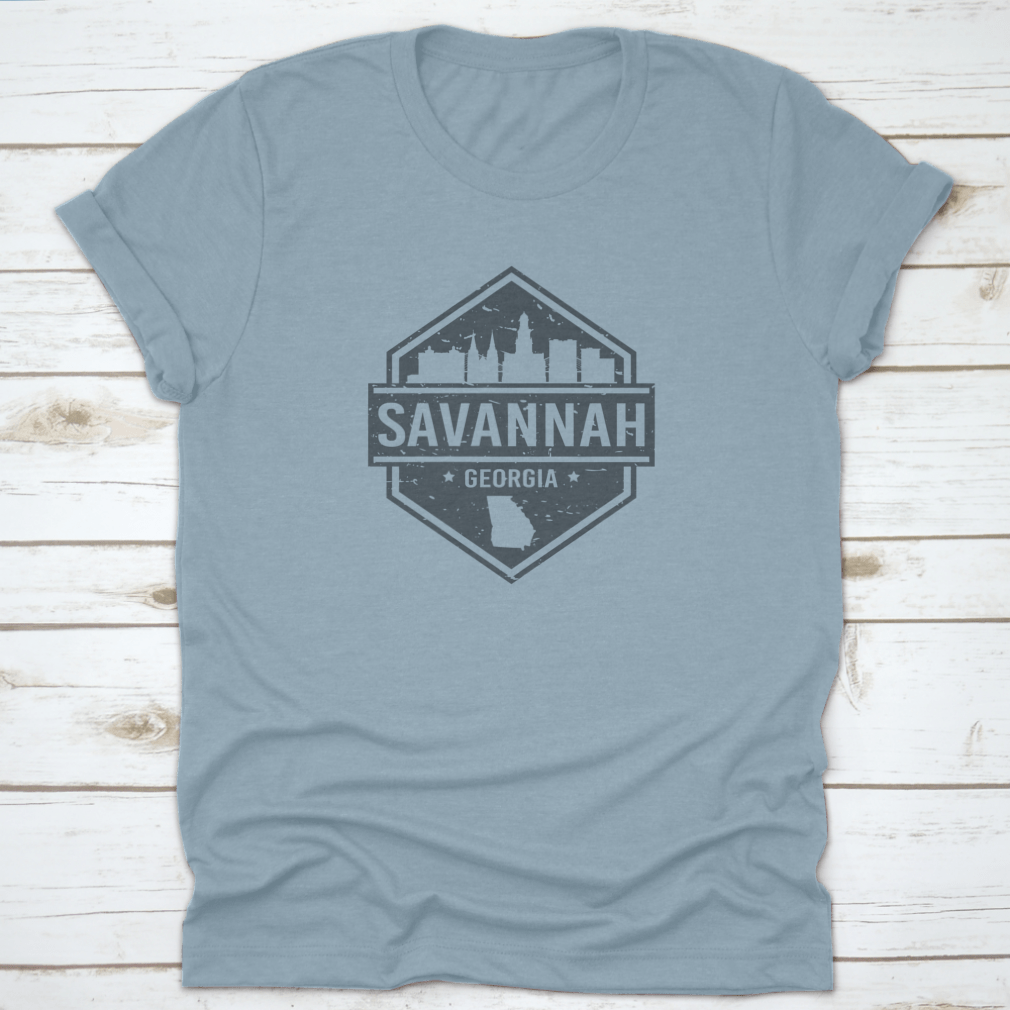 Travel Grunge Stamp Icon featuring the skyline of Savannah, Georgia, showcasing iconic buildings in a stylish design.