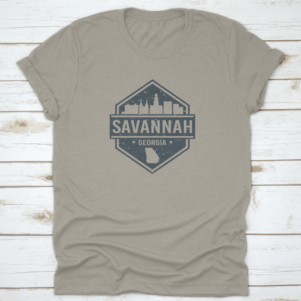 Travel Grunge Stamp Icon featuring the skyline of Savannah, Georgia, showcasing iconic buildings in a stylish design.