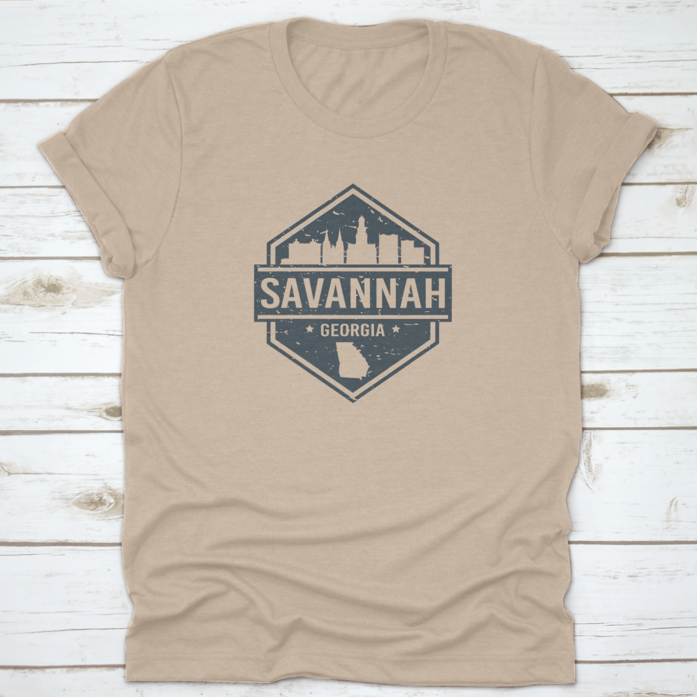 Travel Grunge Stamp Icon featuring the skyline of Savannah, Georgia, showcasing iconic buildings in a stylish design.