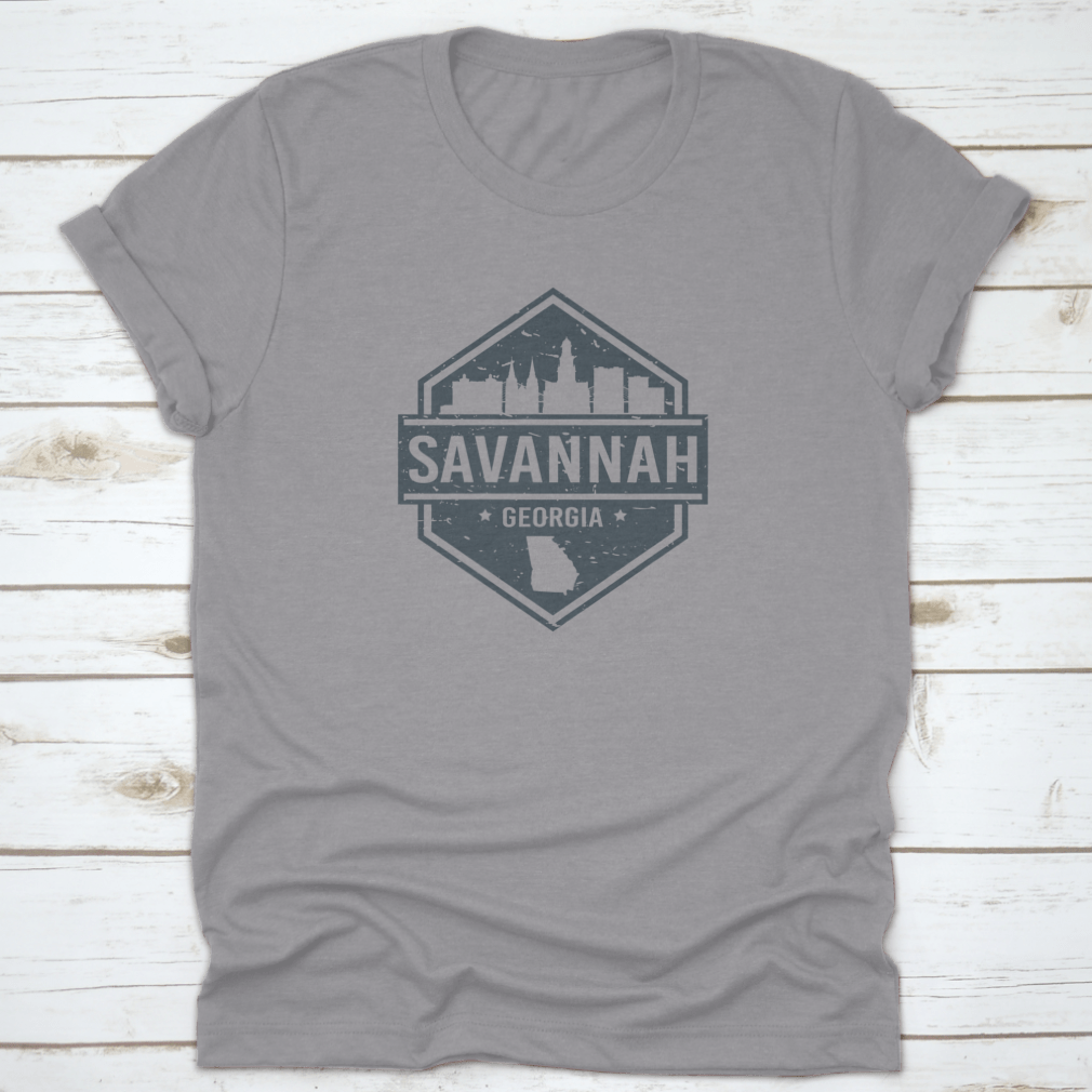 Travel Grunge Stamp Icon featuring the skyline of Savannah, Georgia, showcasing iconic buildings in a stylish design.