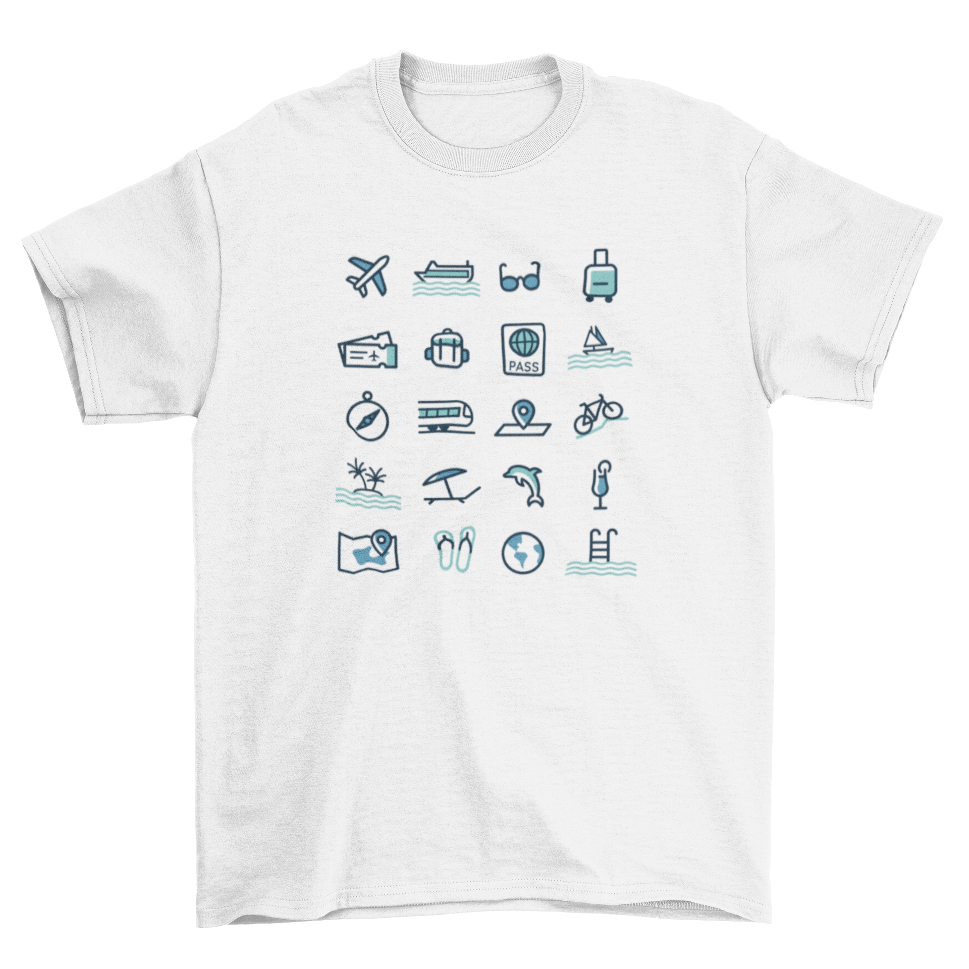 Travel Icons T-Shirt featuring a plane, passport, and other travel symbols in a vibrant design.