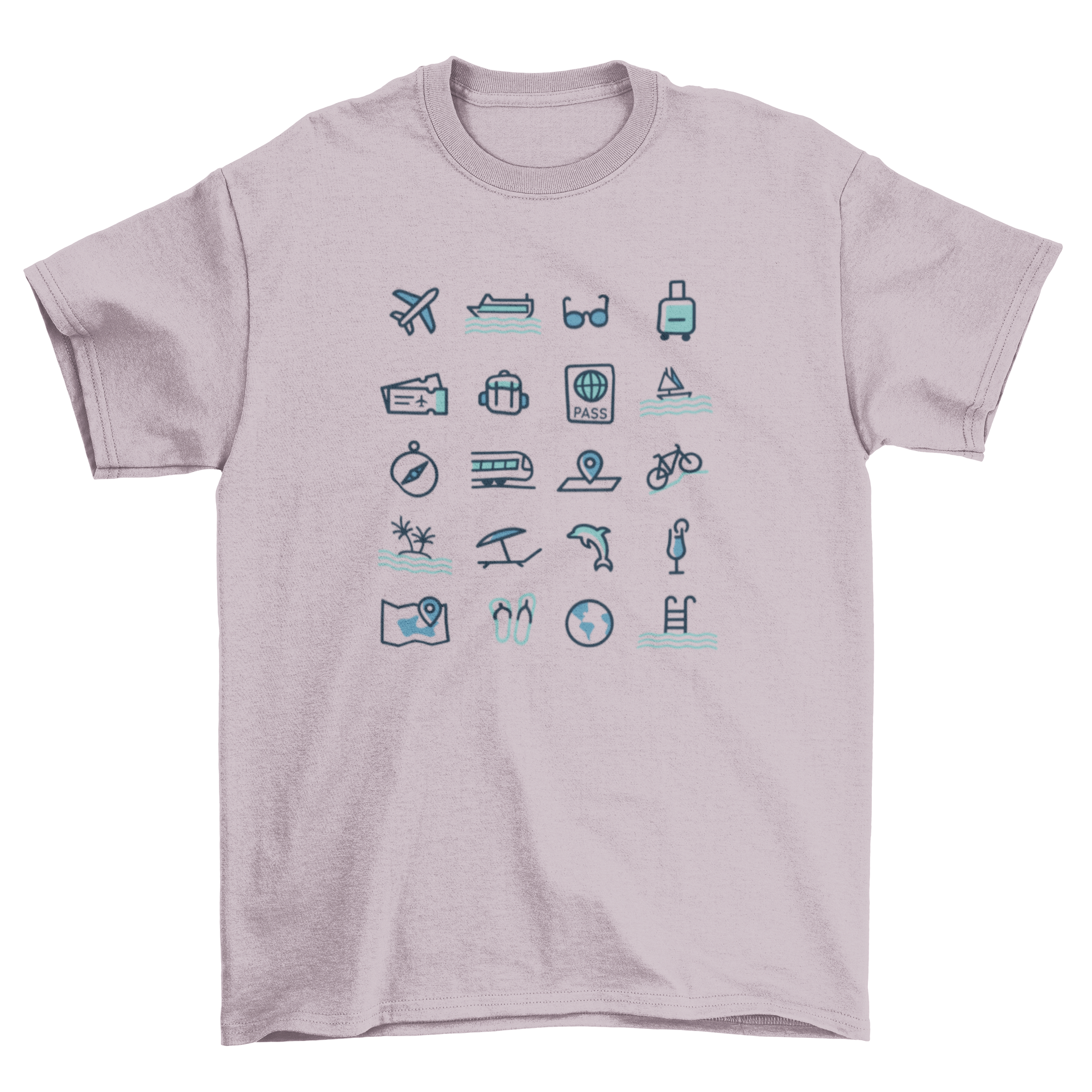 Travel Icons T-Shirt featuring a plane, passport, and other travel symbols in a vibrant design.