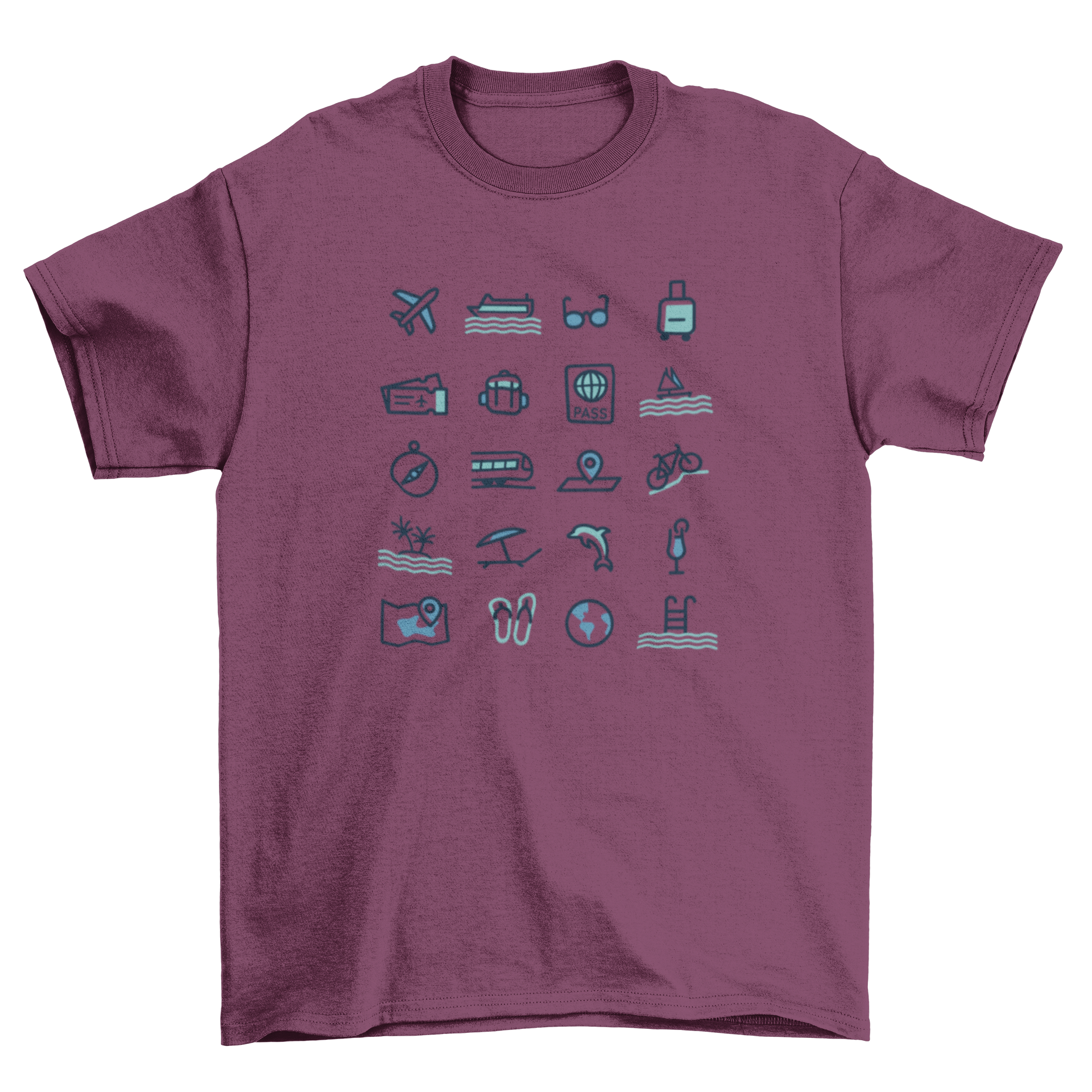 Travel Icons T-Shirt featuring a plane, passport, and other travel symbols in a vibrant design.