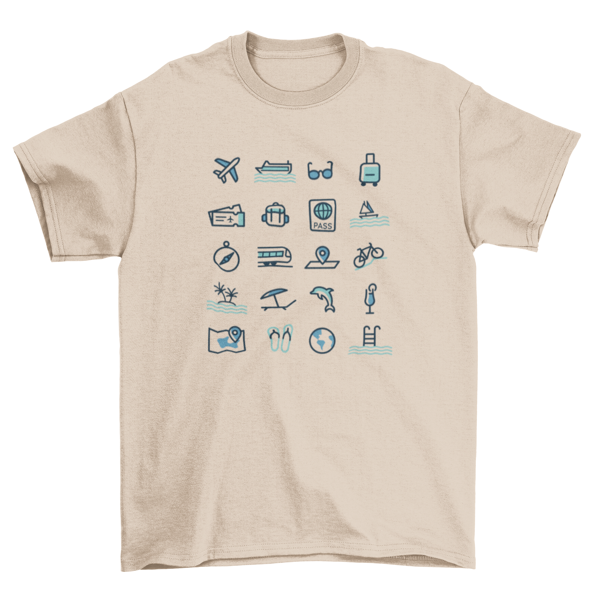 Travel Icons T-Shirt featuring a plane, passport, and other travel symbols in a vibrant design.