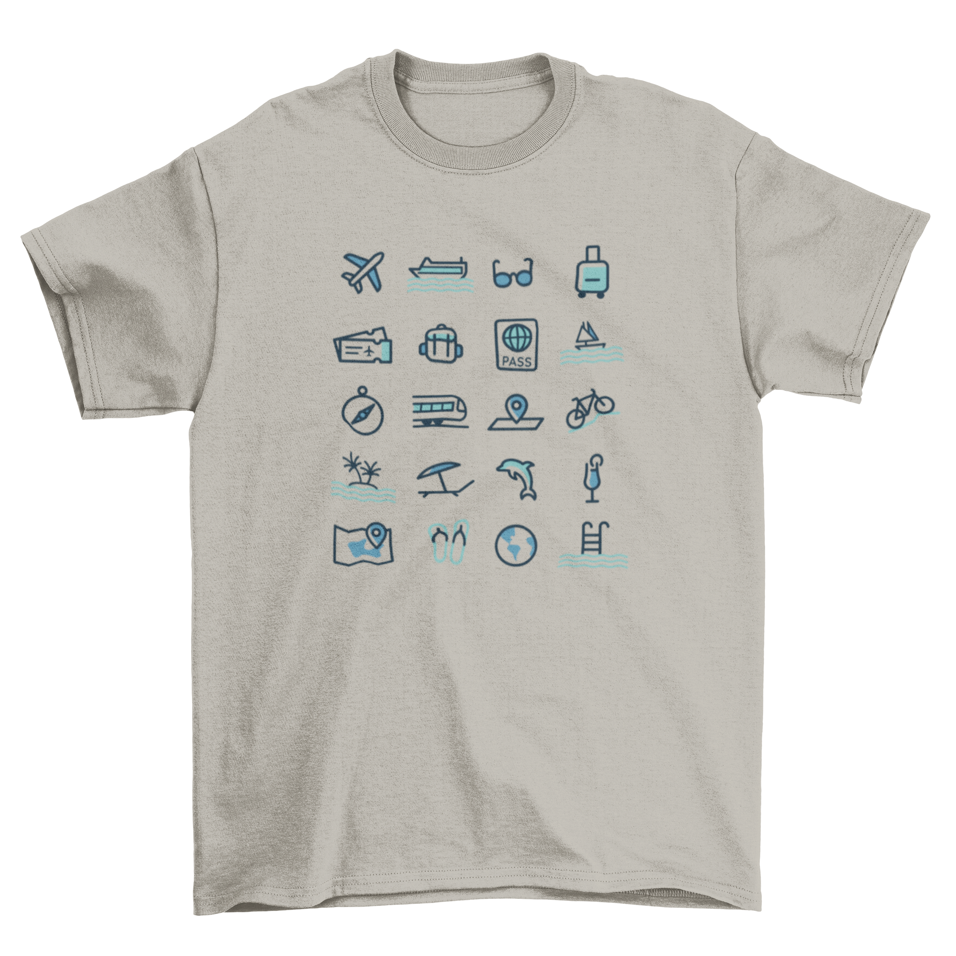 Travel Icons T-Shirt featuring a plane, passport, and other travel symbols in a vibrant design.