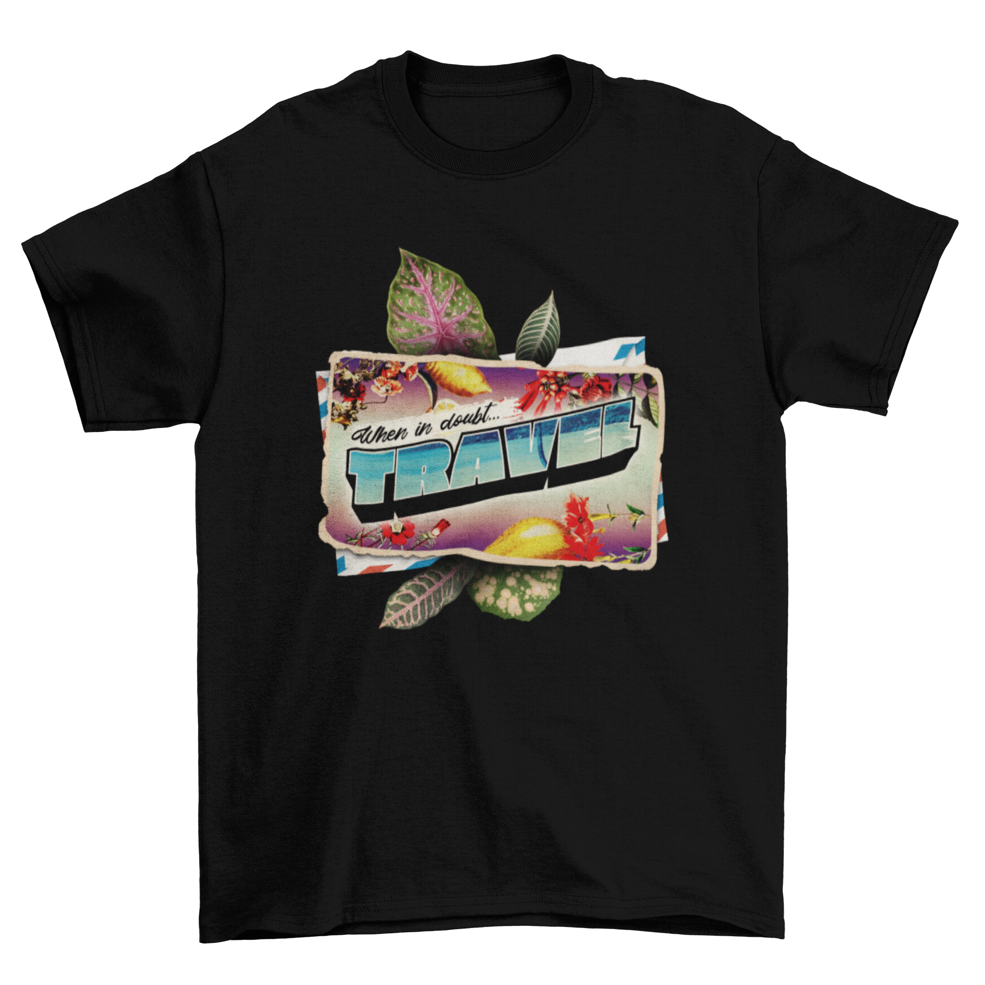 Travel postcard t-shirt design featuring tropical elements and the quote 'When in'.