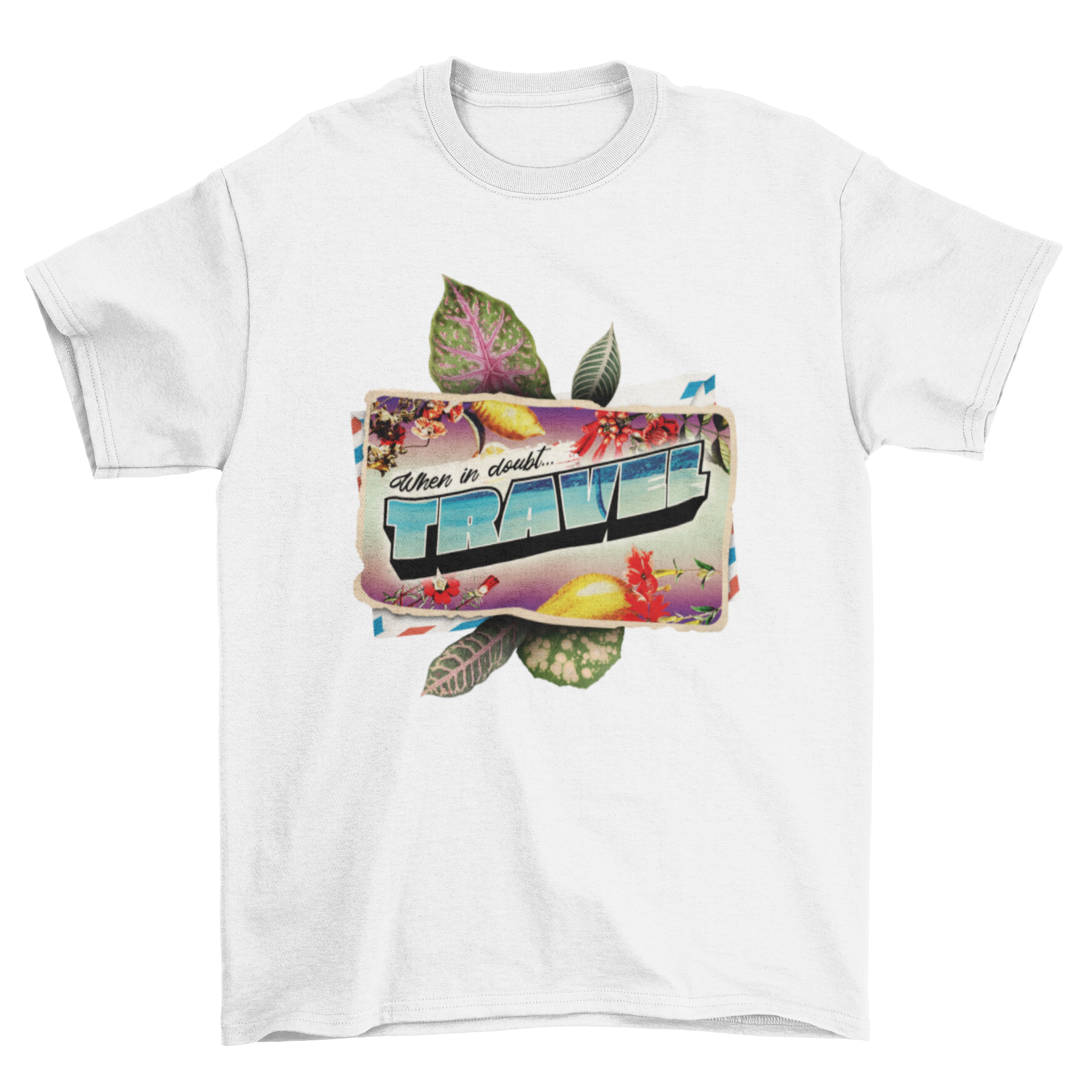 Travel postcard t-shirt design featuring tropical elements and the quote 'When in'.